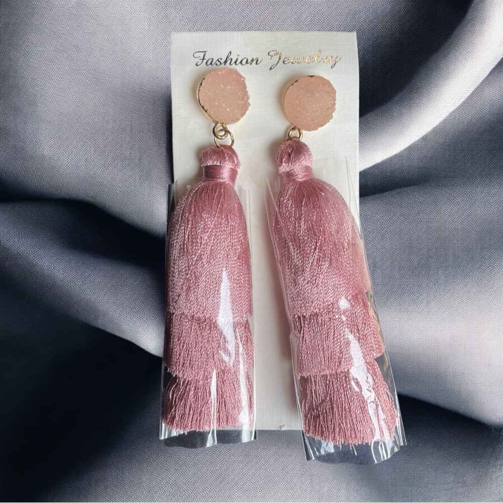 Layered, Tiered Chic Tassel Fashion Earrings with Pink Stone Accent